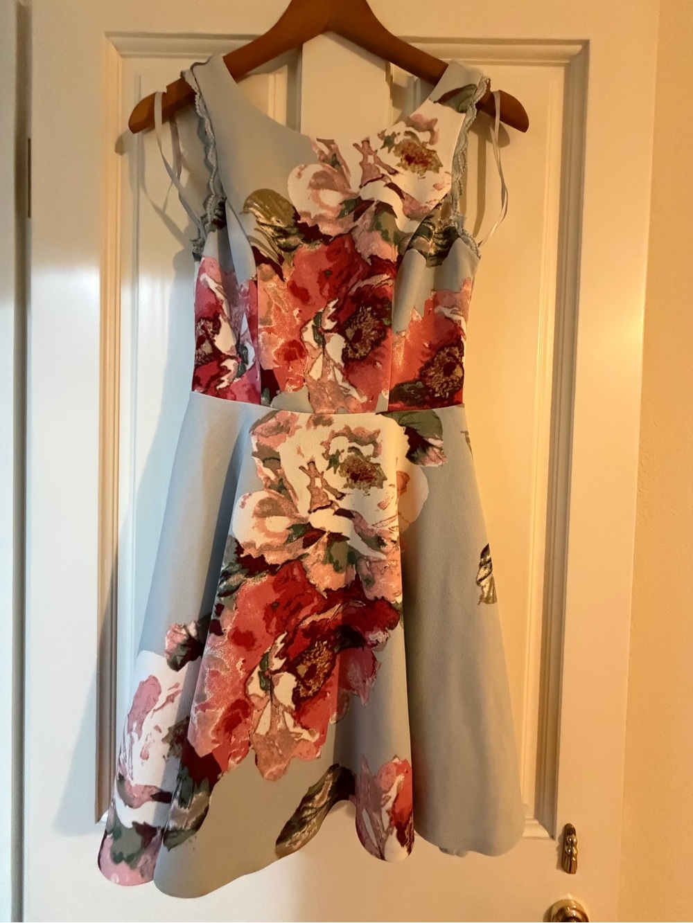 City Studio One-Shoulder Floral Fit & Flare Dress in Light Blue and Pink